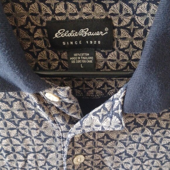 Eddie Bauer Cotton Short Sleeve Collared Square Blue/Tan Geometric Shirt Large - Picture 2 of 3